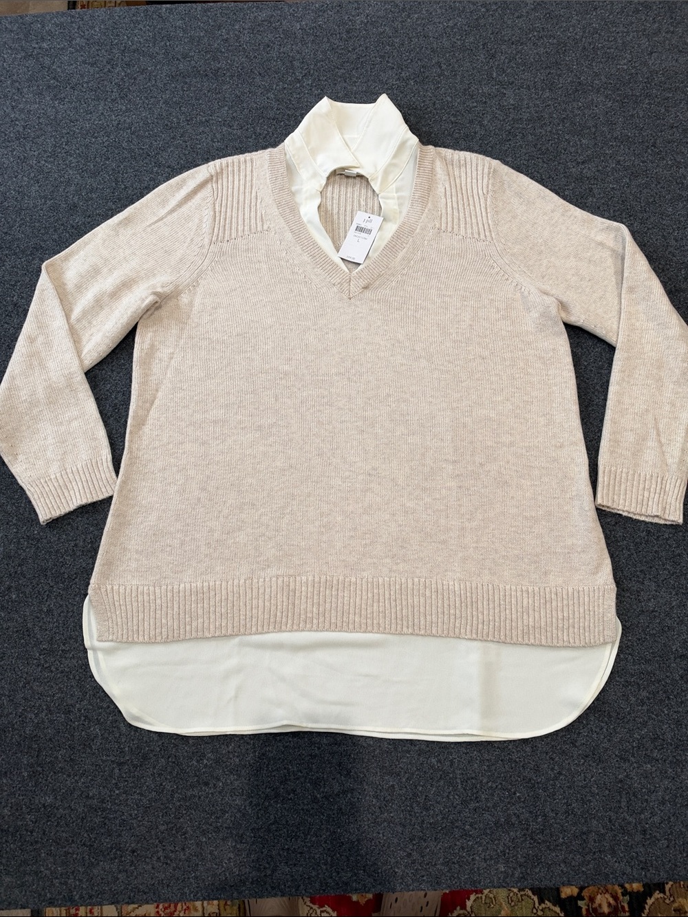 J. Jill Beige Layered V-Neck Sweater with Shirt-Hem Size L